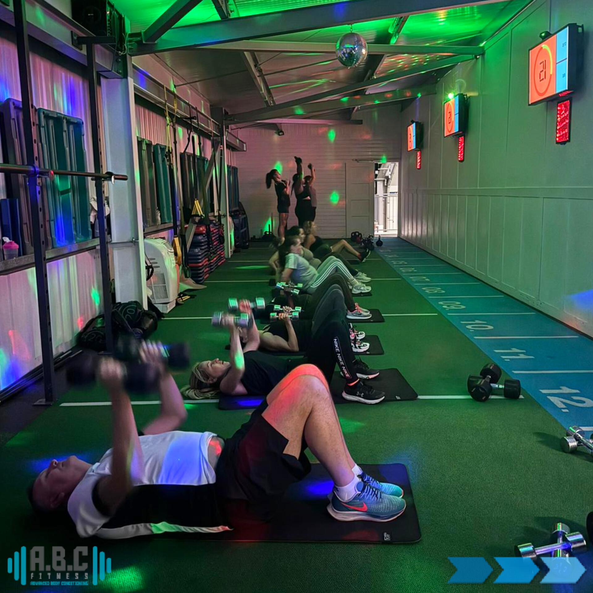 A small group class training together at ABC Fitness